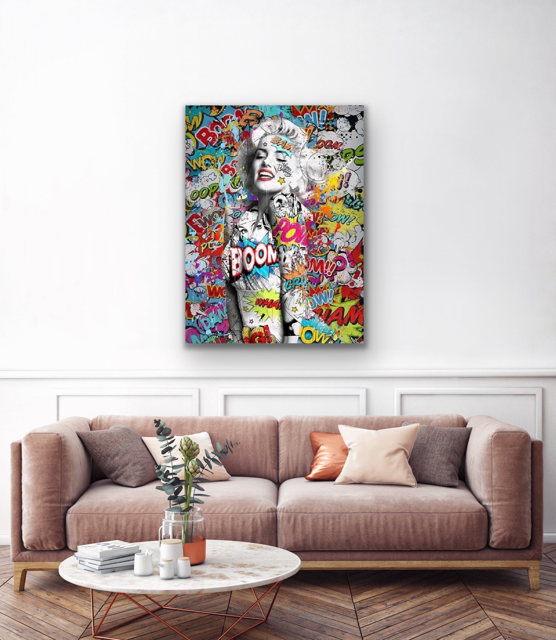 Marilyn Monroe is featured in a vibrant art pop canvas. A stunning and timeless addition to any home or office decor. Vivid and expertly crafted to make an impression.