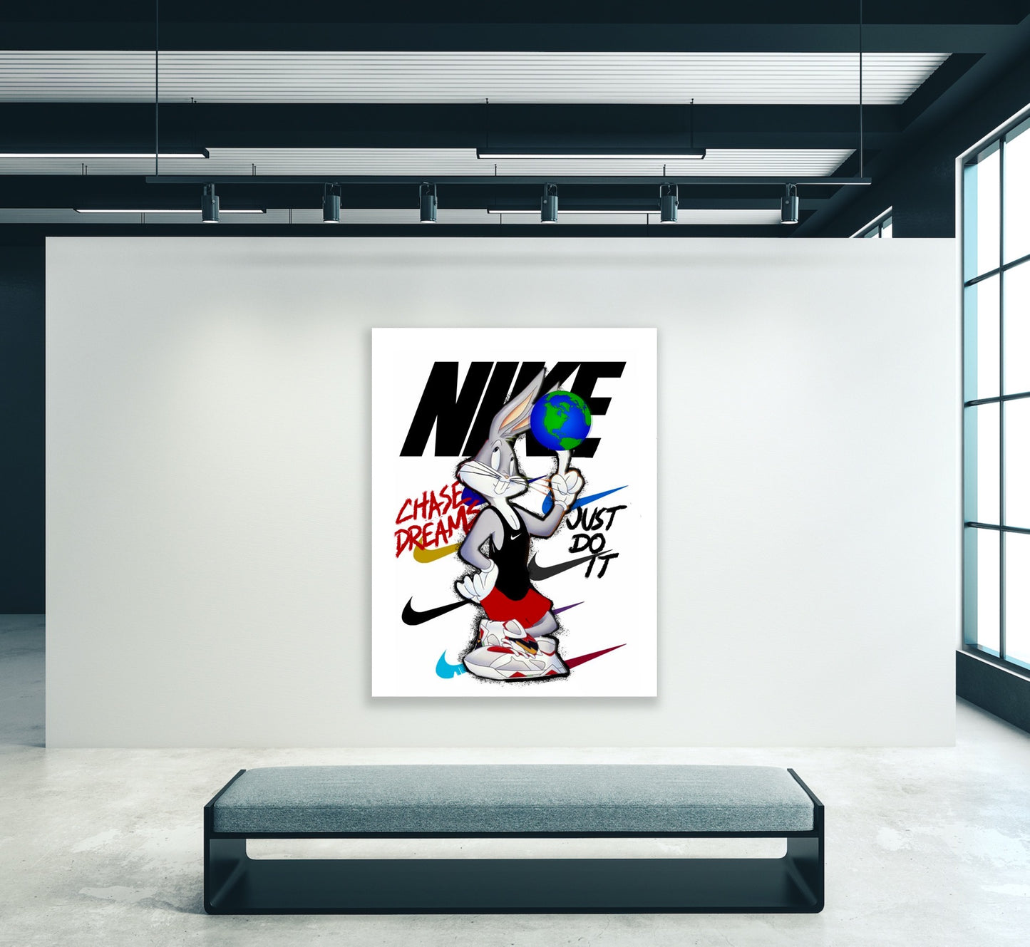 Premium-grade canvas displays an iconic portrait featuring Bugs Bunny, dressed to the nines in a Nike suit, emblazoned with the words “Chase Dreams, Just Do It.” The Nike logo is rendered in full view.