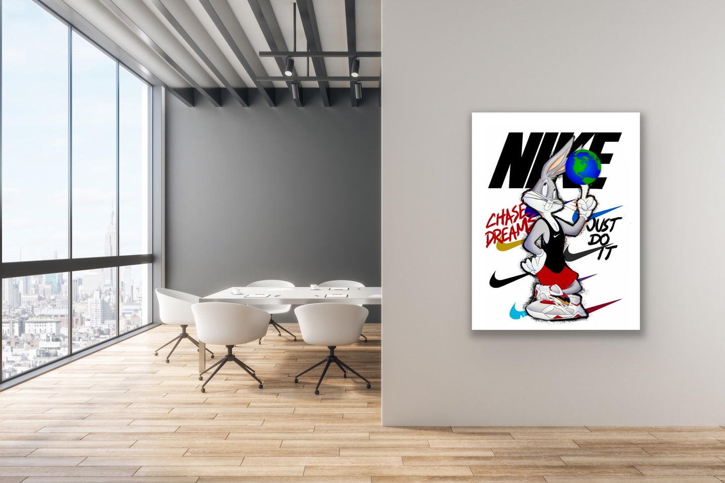 Premium-grade canvas displays an iconic portrait featuring Bugs Bunny, dressed to the nines in a Nike suit, emblazoned with the words “Chase Dreams, Just Do It.” The Nike logo is rendered in full view.