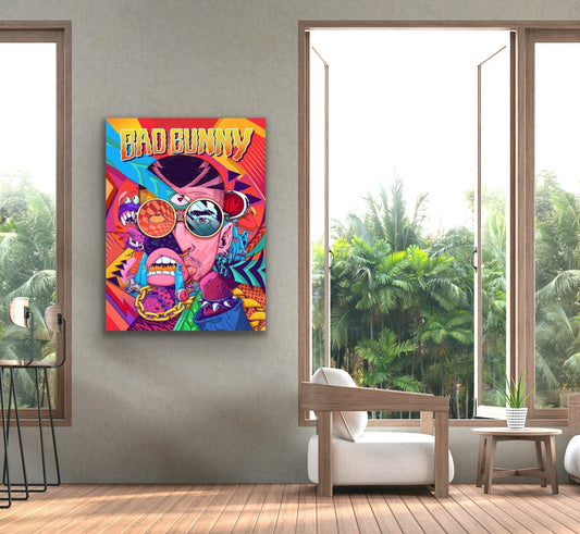  Bad Bunny Retro is a canvas featuring a retro-futuristic art style of Bad Bunny. The colors used in the canvas create a vibrant and dynamic piece of artwork that is sure to stand out in any room.