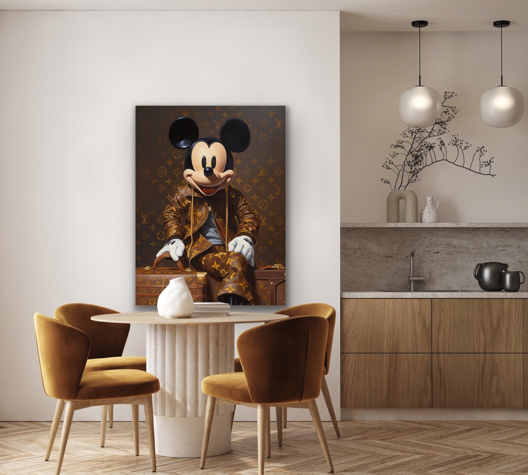 This canvas art showcases the iconic image of Mikey Mouse surrounded by the renowned Louis Vuitton label.