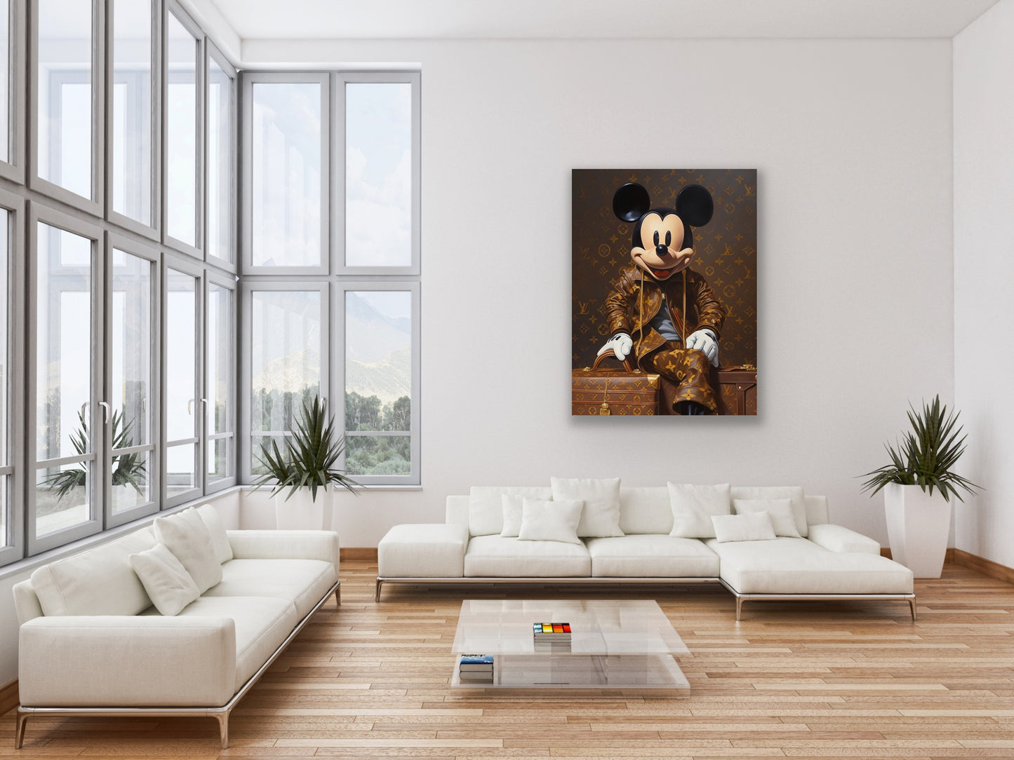 This canvas art showcases the iconic image of Mikey Mouse surrounded by the renowned Louis Vuitton label.