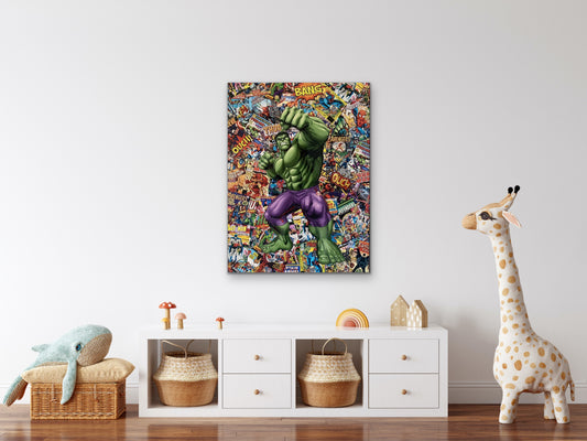 Introducing Hulk Comics, a vibrant canvas featuring the iconic superhero with a comics cover in the background. Enjoy a high-quality canvas print in a striking comic style. Perfect for the Hulk fan in your life.