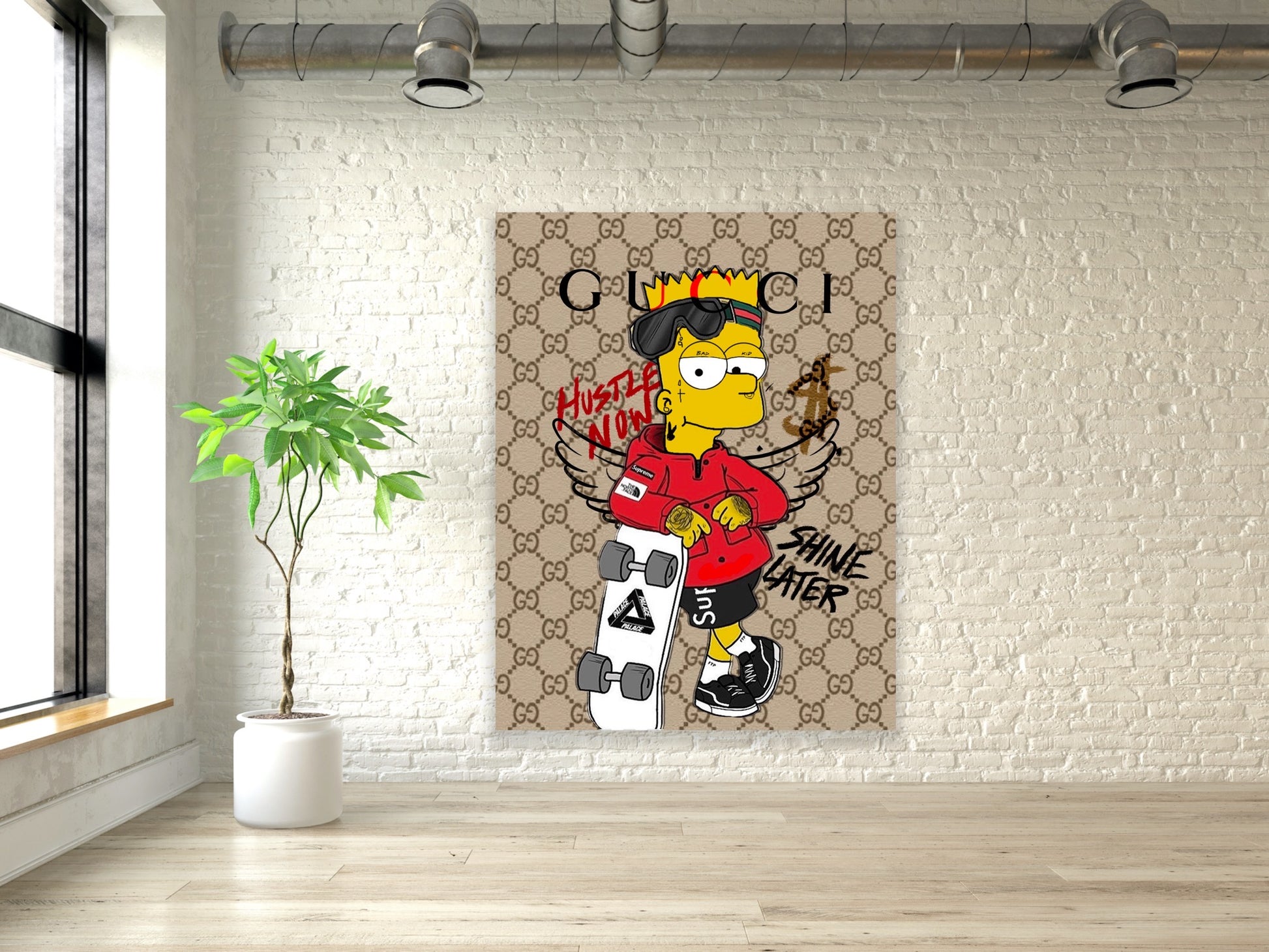Bart Simpson's canvas prints adorn a finely-crafted frame, detailed with iconic Gucci motifs and the inspiring message of “hustle now, shine later
