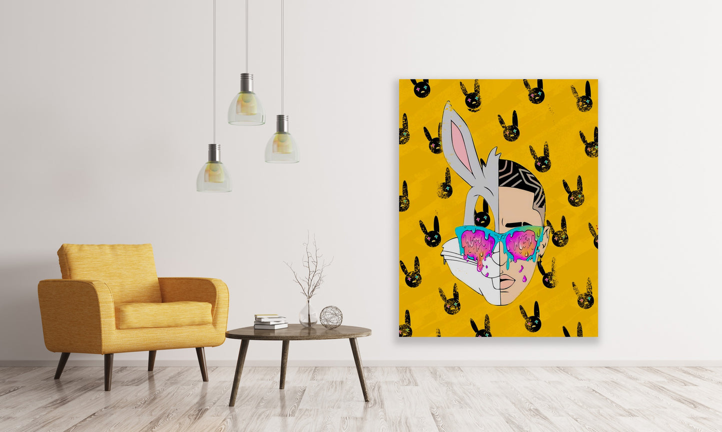 Produced with meticulous care, this canvas print is detailed with a fine-art wooden frame of Bad and Bugs Bunny in a cheerful yellow background.