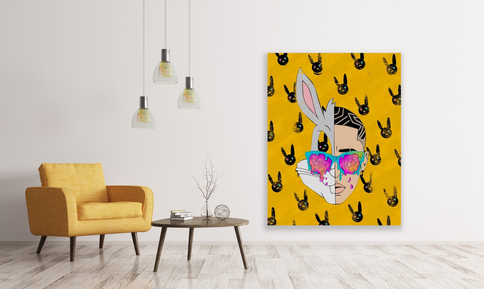 Produced with meticulous care, this canvas print is detailed with a fine-art wooden frame of Bad and Bugs Bunny in a cheerful yellow background.