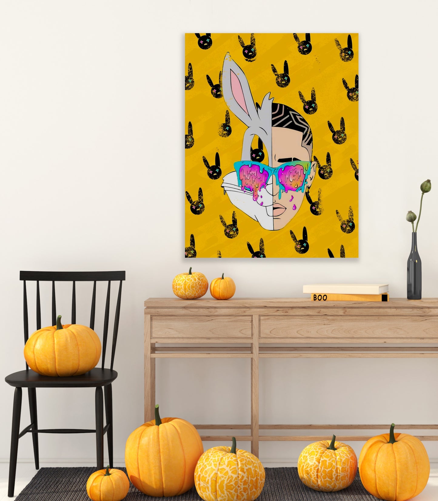 Produced with meticulous care, this canvas print is detailed with a fine-art wooden frame of Bad and Bugs Bunny in a cheerful yellow background.