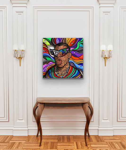 This high-quality canvas print of pop artist Bad Bunny is a beautiful addition to any home or office. It features a vivid, hyper-colorful image that will fill any room with life and color. Bring the beauty of music and art into your space with this unique and eye-catching canvas.