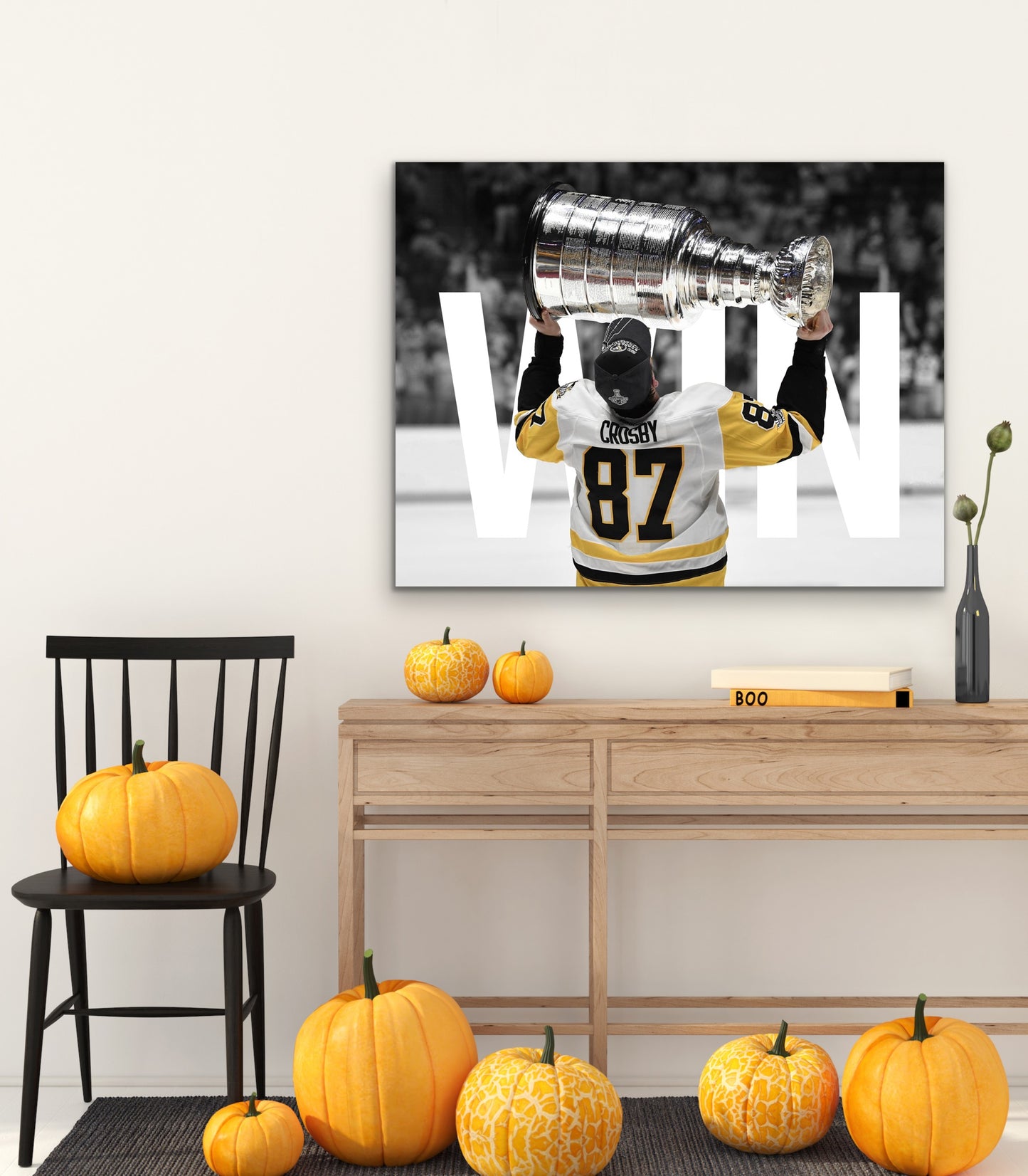 Rich canvas featuring Crosby clasping the Stanley Cup, with "WIN" emblazoned boldly.