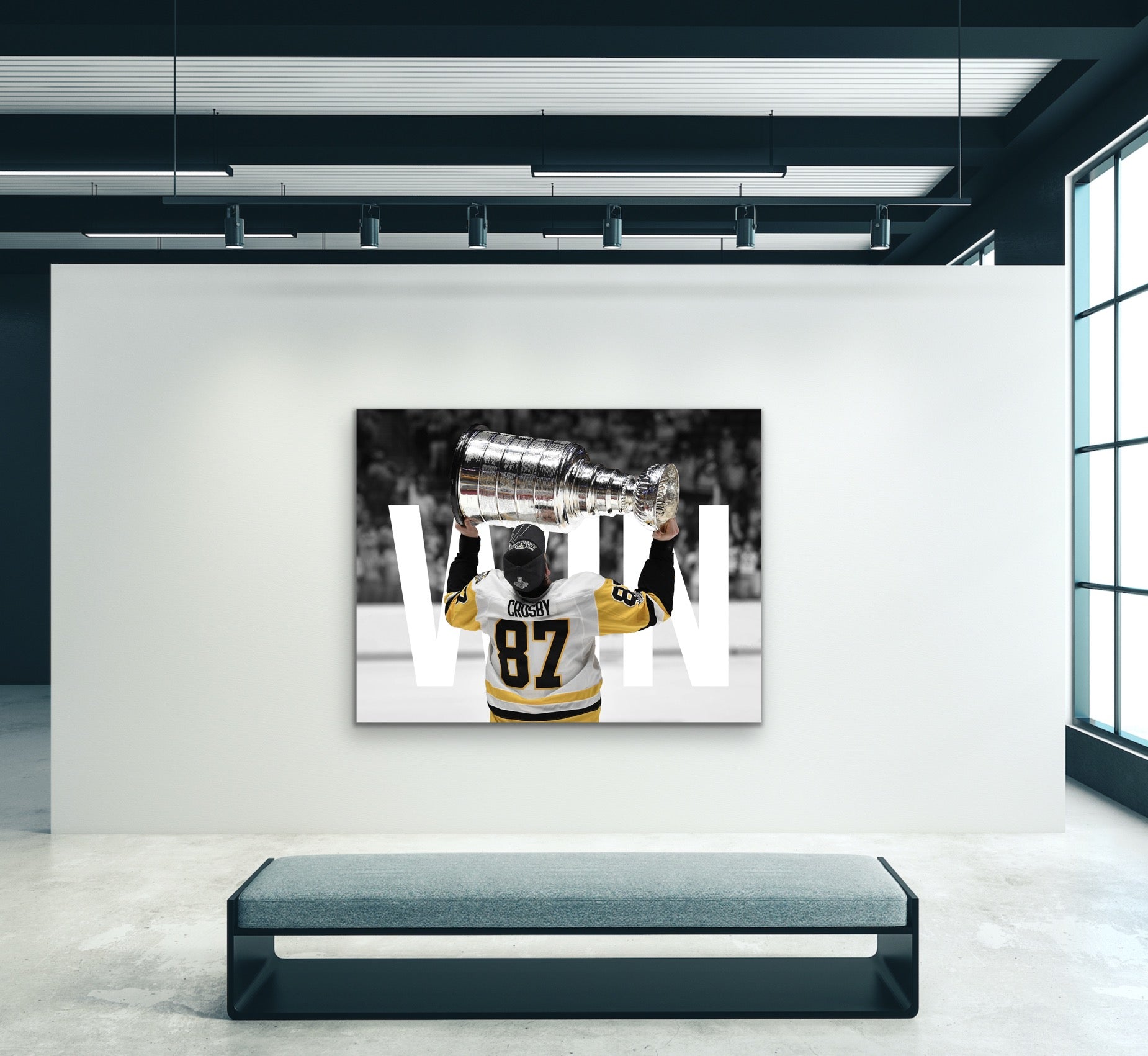 Rich canvas featuring Crosby clasping the Stanley Cup, with "WIN" emblazoned boldly.